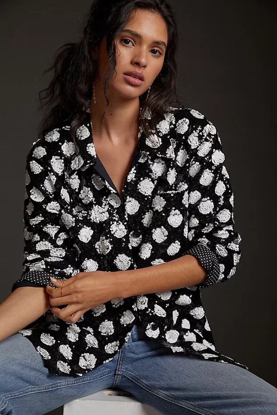 Maeve Anthropologie Black White Polka Dot Sequined Button Up Jacket Shirt XS
